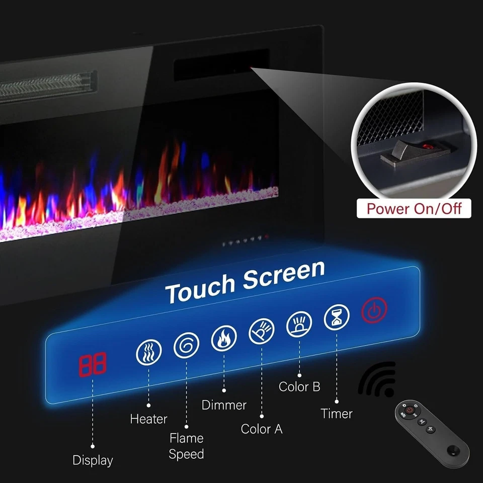 Chimenea eléctrica empotrada y montada en la pared 72 pulgadas calentador temporizador llama ajustable Foto 3 de 4