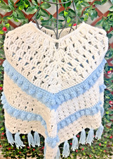 Blue and White Crochet Poncho - Children Youth Size M/L