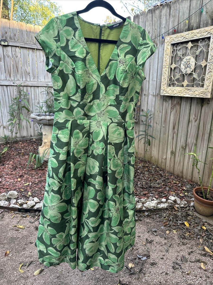 eshakti green dress eShakti Wayward Francies dress.Green with palm leaf pattern. 3/4 sleeves