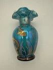 Fenton Designer Showcase Aqua Carnival Glass Vase Painted Signed Seahorse Fish