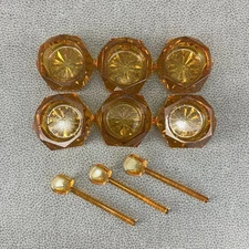 Vintage Set of 6 Amber Glass Open Salts 3 Spoons Cut Glass Salt Cellars Hexagon