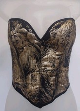 Vintage 90s Gold Black Brocade Corset Bustier Lace Up Boned Size Large