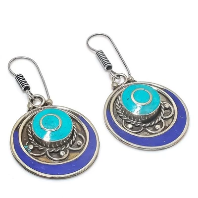 Boucles d'oreilles pierre précieuse en lapis-lazuli turquoise bijoux faits... - Photo 1/4