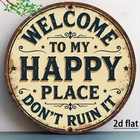 Welcome To My Happy Place Vintage Metal Sign Round Wall Hanging Art Decoration