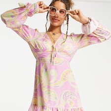 ASOS DESIGN elasticated sleeve tie neck mini dress in large pink floral print