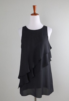 DEREK LAM 10 Crosby $325 Solid Black Cascade Tiered Ruffle Silk Top Size 2