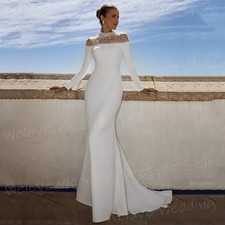 Elegant Beaded Satin Mermaid Wedding Dresses Round Neck Long Sleeves Bridal Gown