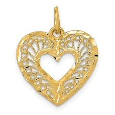 14k Yellow Gold Diamond Cut Filigree Heart Charm or Pendant, 17mm