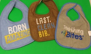 Baby Bib Lot of 3 - Cloth * Born Amazing * Last. Clean. Bib. * Teething Bites