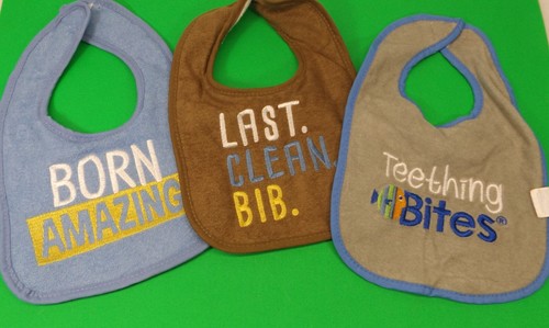Baby Bib Lot of 3 - Cloth * Born Amazing * Last. Clean. Bib. * Teething Bites