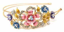 USA multi Crystal Rhinestones gold plated metal big Flowers Headband woman girl