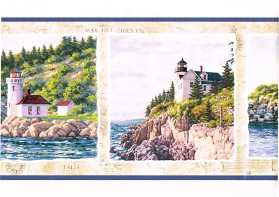 Nautical Lighthouse Framed Coastline Sea Cliff Scene Blue Trim Wallpaper Border