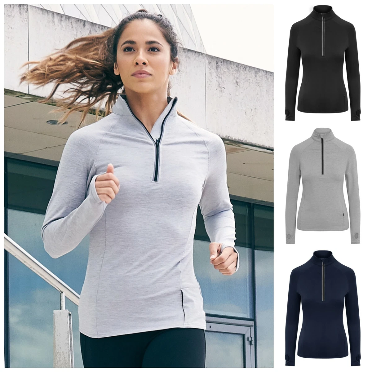 Womens Ladies Half Zip Long Sleeve Running Training Sports Gym Top Thumb  Holes | eBay