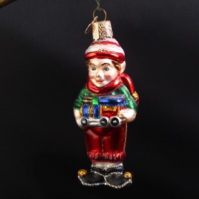 Old World Christmas OWC Workshop Elves Santas Elf Train Engine 4'' Glass Ornament