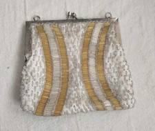VINTAGE GOLD SILVER CLEAR BEADED CLUTCH PURSE MADE IN MACAU STRIPS PADDED LINING