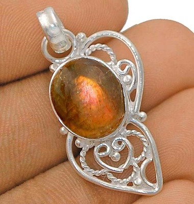 Natural Golden Fire Labradorite -Madagascar 925 Sterling Silver Pendant,  