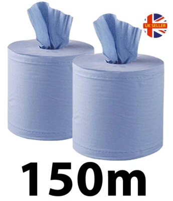 FOURSTONES x2 BIG EXTRA LONG 150m Heavy Duty Blue Paper Towel Centrefeed Roll PREMIUM Wipe
