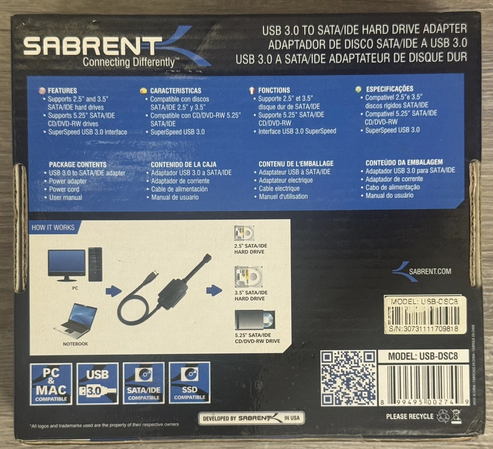 Sabrent Model USB-DSC8, USB 3.0 to SATA/IDE Hard Drive Adapter, PC&MAC, SSD NEW - Image 2 of 4