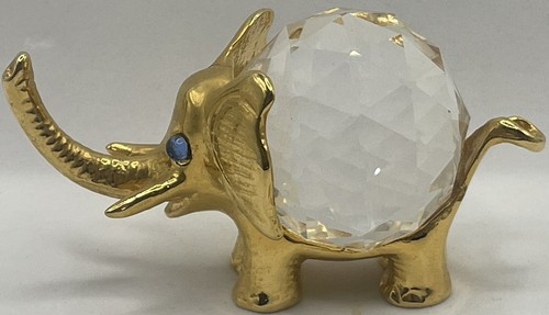 Elephant Figurine Crystal Ball Gold Tone Trunk Up Paperweight - Picture 4 of 6