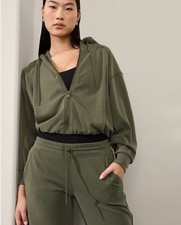Athleta Seasoft Bubble Hem Full Zip Hoodie Aspen Olive Green Size Large Cropped