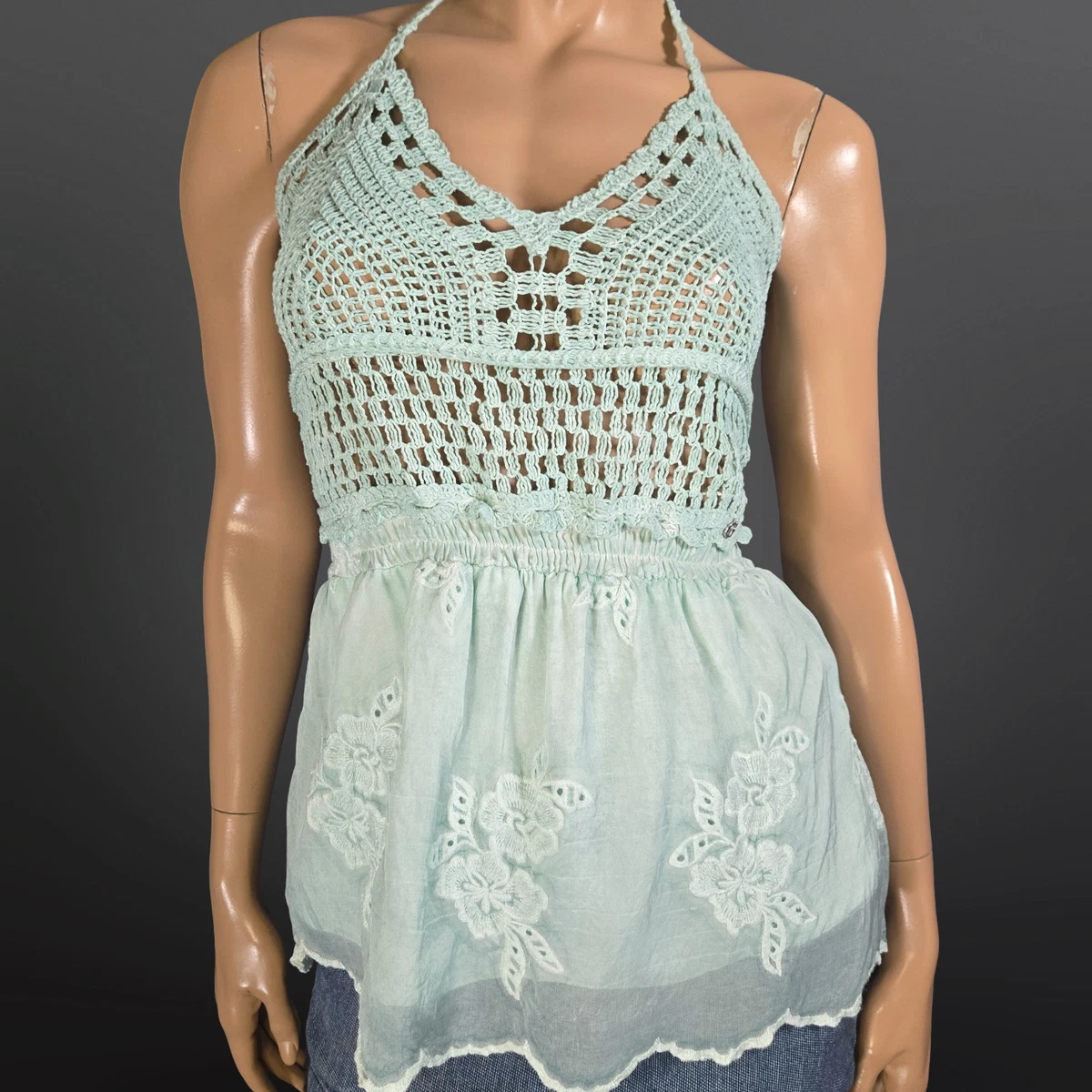 Y2K GUESS Mermaid Fairy Babydoll Top S Seafoam Crochet Silk Blend Chiffon Italy