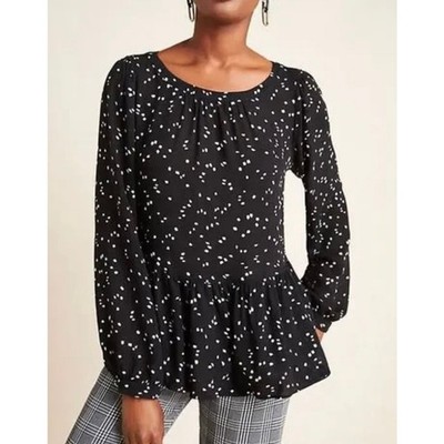 Maeve Anthropologie Cheyenne Peplum Black & White Blouse Long Sleeve Size M