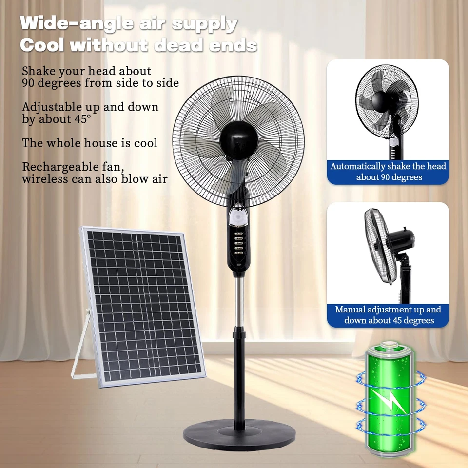 Ventilador Solar 16 Pulgadas 12V AC/DC Ventilador de Soporte Recargable con Panel Solar y Luz LED Foto 2 de 4