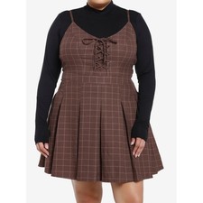 Social Collision Women Overall Dress XL Brown Plaid Lace Up Pleated Academia