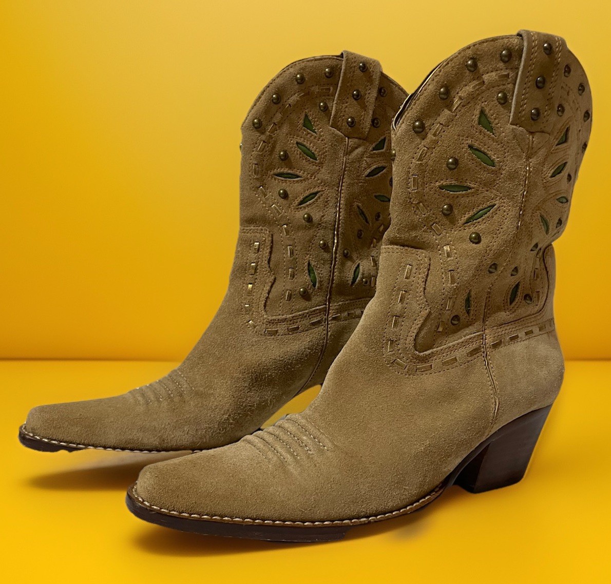 Cole Hasn’t Women Cowboy Boots Light Brown Suede Studded & Green Inlay Size 6.5