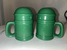 Green Handled Salt & Pepper Shaker Set Plastic Hong Kong 4.75”Hx2.8”Dx4.25”L