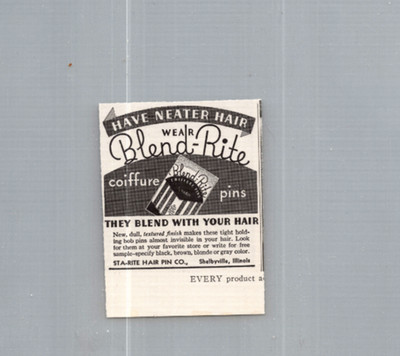 Advertising Print Ad 1935 Blend-Rite Coiffure Pins Sta-rite Hair Pin Shelbyville