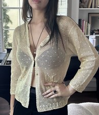 Vintage L Crochet Cardigan Ivory Boho Long Sleeve Cottage