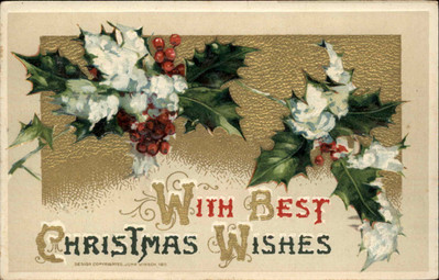Christmas Embossed Gilt Background Holly Winsch c1910 Vintage Postcard