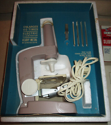 Vintage 1963 Gilbert 13101 Microscope Lab Set and Prepared Slides - Working