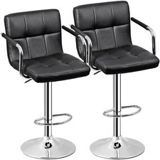 Modern PU Leather Bar Stools Set of 2 Adjustable Swivel Barstools w/ Back  Arms