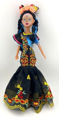 Day Of The Dead Doll Black Lace Dress Embroidered Floral Blue Hair  Butterfly | eBay