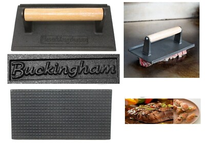 Gusseisen Steakpresse Flachgewicht Speck Fleisch Hamburger Grill BBQ Holzgriff 