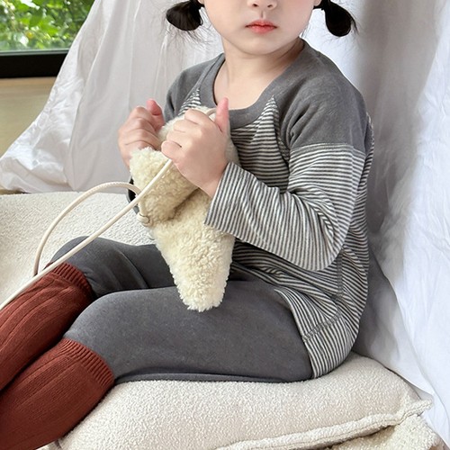 Kids Girls Boys Tops With Pants 2 Pieces Sleepwear Striped T-shirt Winter Warm - Picture 10 of 43