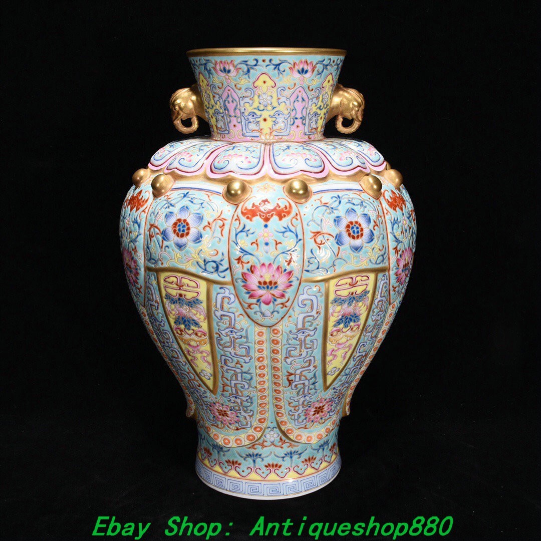 12.2''Qing Qianlong Famille Rose Porcelain Gold Lotus Elephant Head Bottle Vase