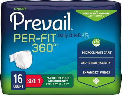 Prevail Per-Fit 360 Incontinence Briefs, Maximum Plus Absorbency Size One, 16 CT