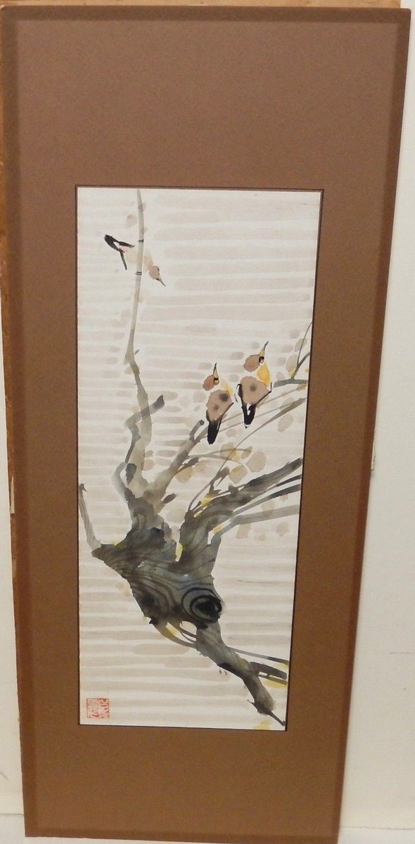 STAFFORD WU OLD JAPANESE TWO BIRDS ORIGINAL WATERCOLOR