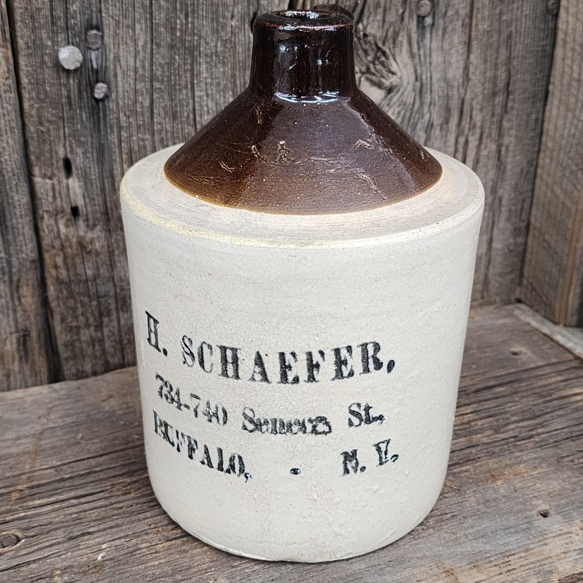 Antique H. Schaefer Stenciled Two Tone Stoneware Crock Whiskey Jug