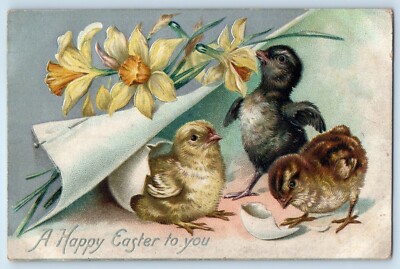 1908 Easter Little Chicks Hatched Egg And Flowers Embossed Tuck Antique Postcard
