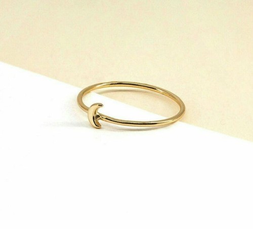 14k Solid Gold Dainty Crescent Moon Statement Ring Minimalist Valentines Gift. - Picture 1 of 12