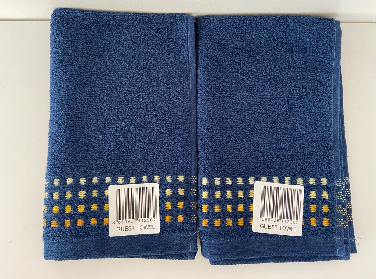 2 x 100 Cotton Guest Towels in Navy Blue with Yellow Stitch