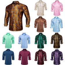 US Mens Shirt Long Sleeve Casual Botton Black Gold Geometric Floral Wedding