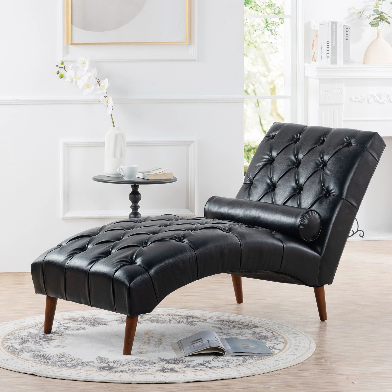 Faux Leather Upholstered Chaise Lounge Button Tufted Sleeper Chair with Pillow