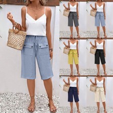 Womens Solid Summer Button Pockets Shorts Ladies Wide Legs Short Pants Beaches