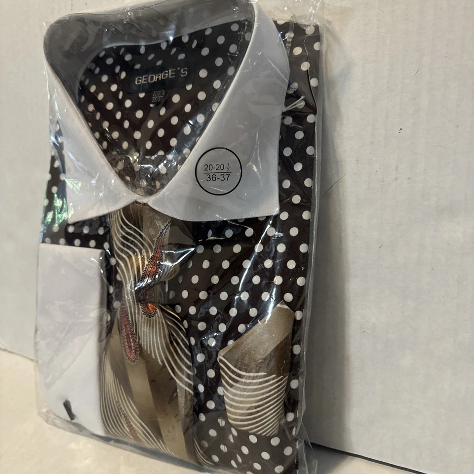 Men's Polka Dot French Cuff Cotton Dress Shirt w/ Tie & Hanky Set Brown/white - Image 4 of 4