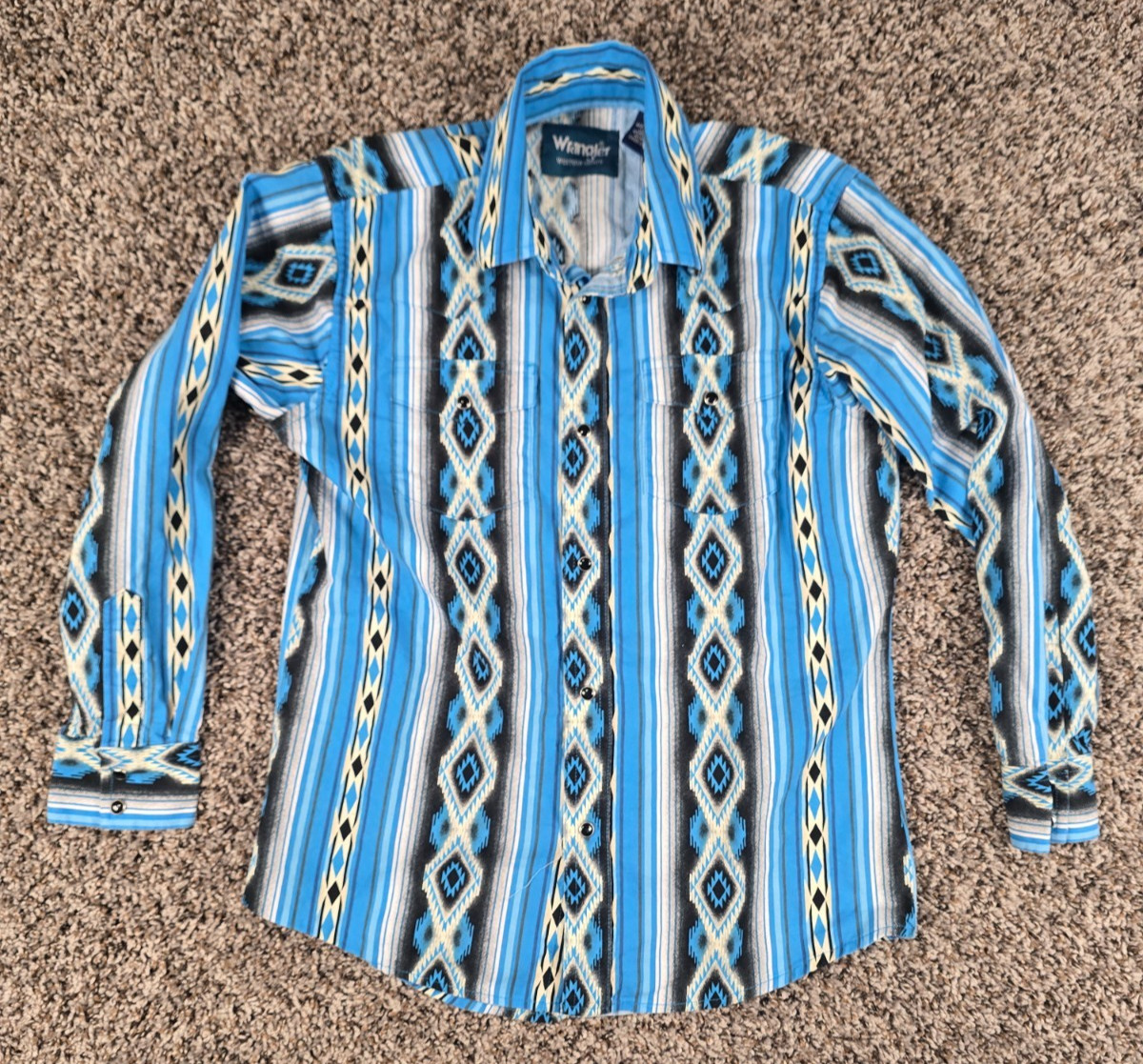 Vintage Wrangler Boys Sz L Pearl Snap Western Shirt Blue Aztec Print